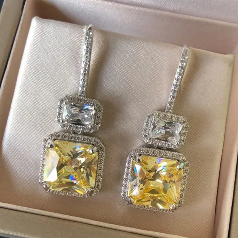 Fashion Women Square Citrine Vice Stone Diamond Earring Silver Plated White Sapphire Drop Earring Girl Wedding Anniversary Gift