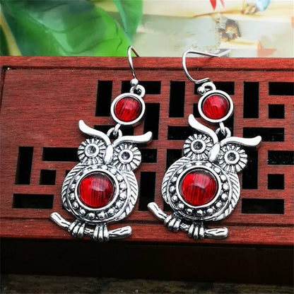 Retro Tibetan Silver Natural Ruby Sapphire Inlay Owl Ear Hook Dangle Earrings Gift for Women
