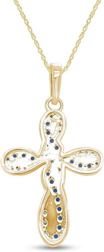 round Simulated Blue Sapphire & White Cubic Zirconia Cross Pendant Necklace in 14K Gold over Sterling Silver 18" Chain