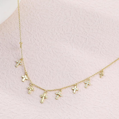 Gold Charm Necklace for Women 14K Gold Plated Cute Cubic Zirconia Rainbow Flower North Star Love Heart Cross Pendant Necklace Adjustable Chain Trendy Party Jewelry Gift for Women