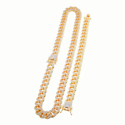 Men's Hip Hop Iced Out Paved Rhinestones 13MM Gold/Silver/Rose Gold Full Miami Curb Cuban Chain Bling Necklace Bracelet Set Jewelry Gifts