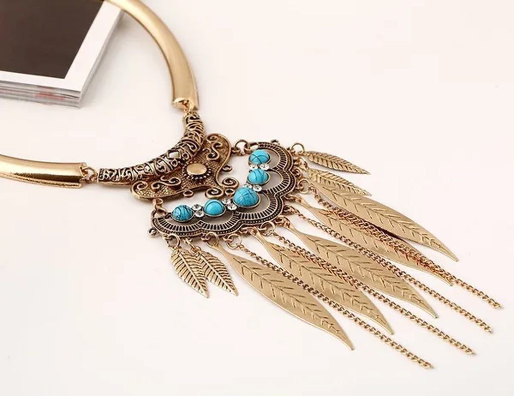Bohemian Gypsy Ethnic Choker Collar Vintage Leaf Tassel Maxi Statement Pendant Necklace Jewelry