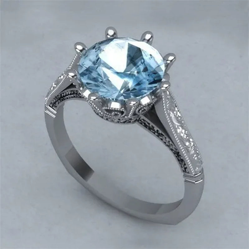 Fashion 2.0ct Round Cut Aquamarine Gemstone Ring Exquisite Silver Carver Flower Diamond Ring Couple Wedding Jewelry