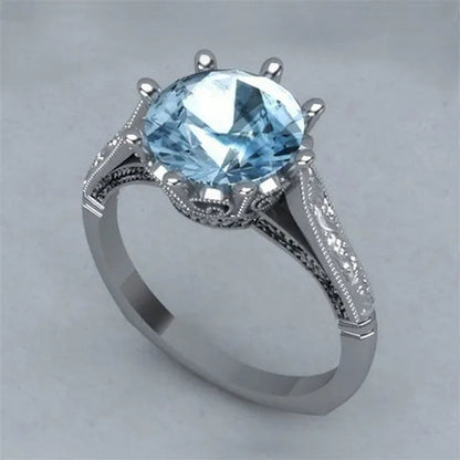 Fashion 2.0ct Round Cut Aquamarine Gemstone Ring Exquisite Silver Carver Flower Diamond Ring Couple Wedding Jewelry