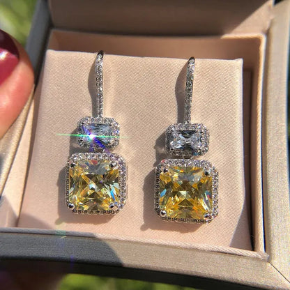 Fashion Women Square Citrine Vice Stone Diamond Earring Silver Plated White Sapphire Drop Earring Girl Wedding Anniversary Gift