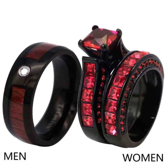 Couple Rings Sz 6-12 Titanium steel Red Wood Mens Wedding Band Ruby Black Gold Filled Womens Wedding Ring Sets - WORLD TIME VISITS