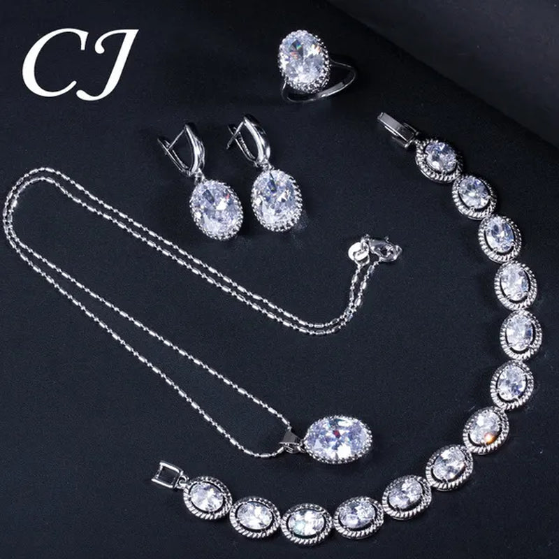 CANDICE European Clear Oval CZ Stone Necklace Earrings Tennis Bracelet Ring for Women Fashionable Sterling Silver Plated Plated Party Jewelry Set