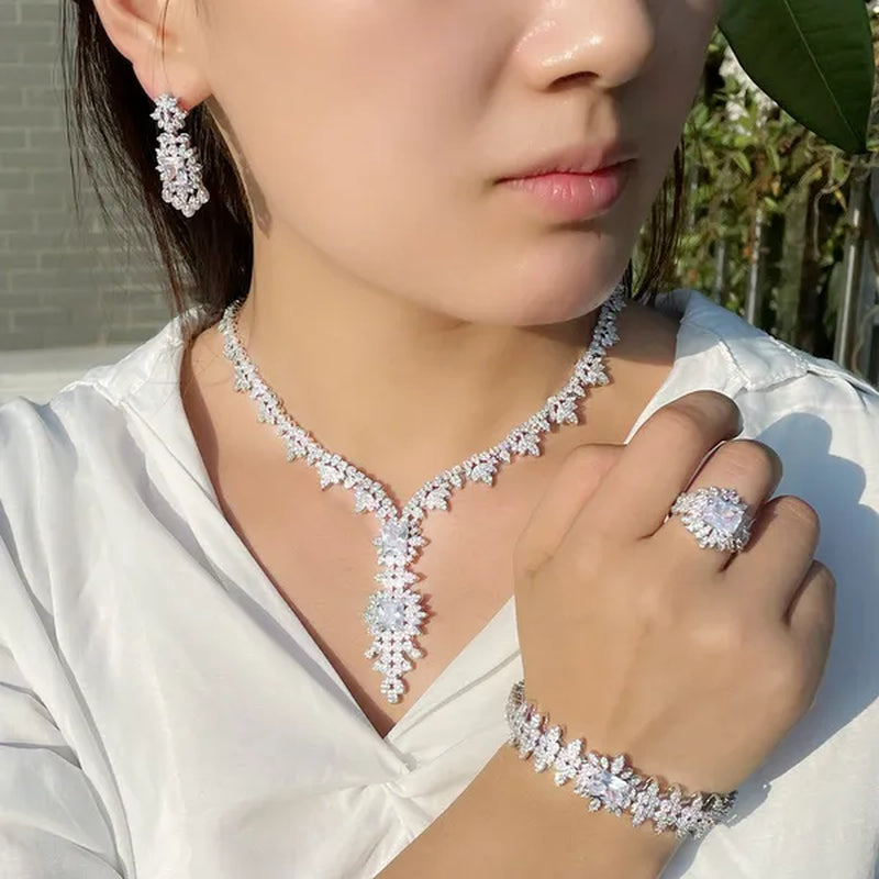 CANDICE High Quality White Gold Plated AAA CZ Women Long Pendant Necklace Earrings Ring Bracelet 4pcs Jewelry Set for Deep V Wedding Party Dress Accessories