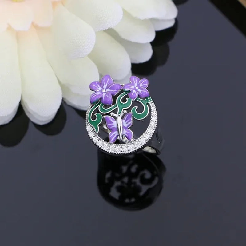 Purple Amethyst Silver 925 Jewelry Sets Charm Enamel Butterfly Flower Earrings Women Handmade Decoration Jewellry