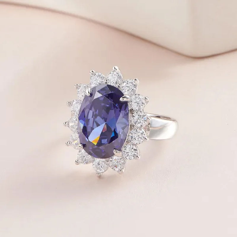 Newshe 6 Carats Oval Created Blue Tanzanite Gemstone Statement Ring for Women AAA CZ Cocktail Party Ring 925 Sterling Silver Sz 5-12