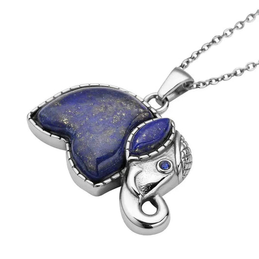 Lapis Lazuli Elephant Charm Pendant Chain Crystal Necklace In Stainless Steel Fashion Animal Women 20"