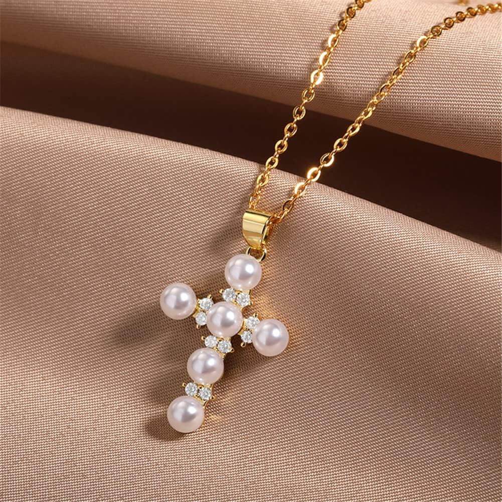 Pearl Cross Necklace Religion Faith Protection Jewelry for Women Inspirational Baptism Gifts 18K Gold Plated Chain