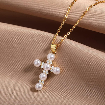 Pearl Cross Necklace Religion Faith Protection Jewelry for Women Inspirational Baptism Gifts 18K Gold Plated Chain