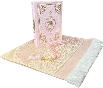 English Translate Thermo Leather Covered Quran, Tafta Prayer Mat and Beads Set |Quran Size:8X5.5X1.2 İnch/20X14X3Cm | Muslim Prayer Mat | Great Ramadan Gifts for Muslim Men,Women (Pink, 1 Sets)