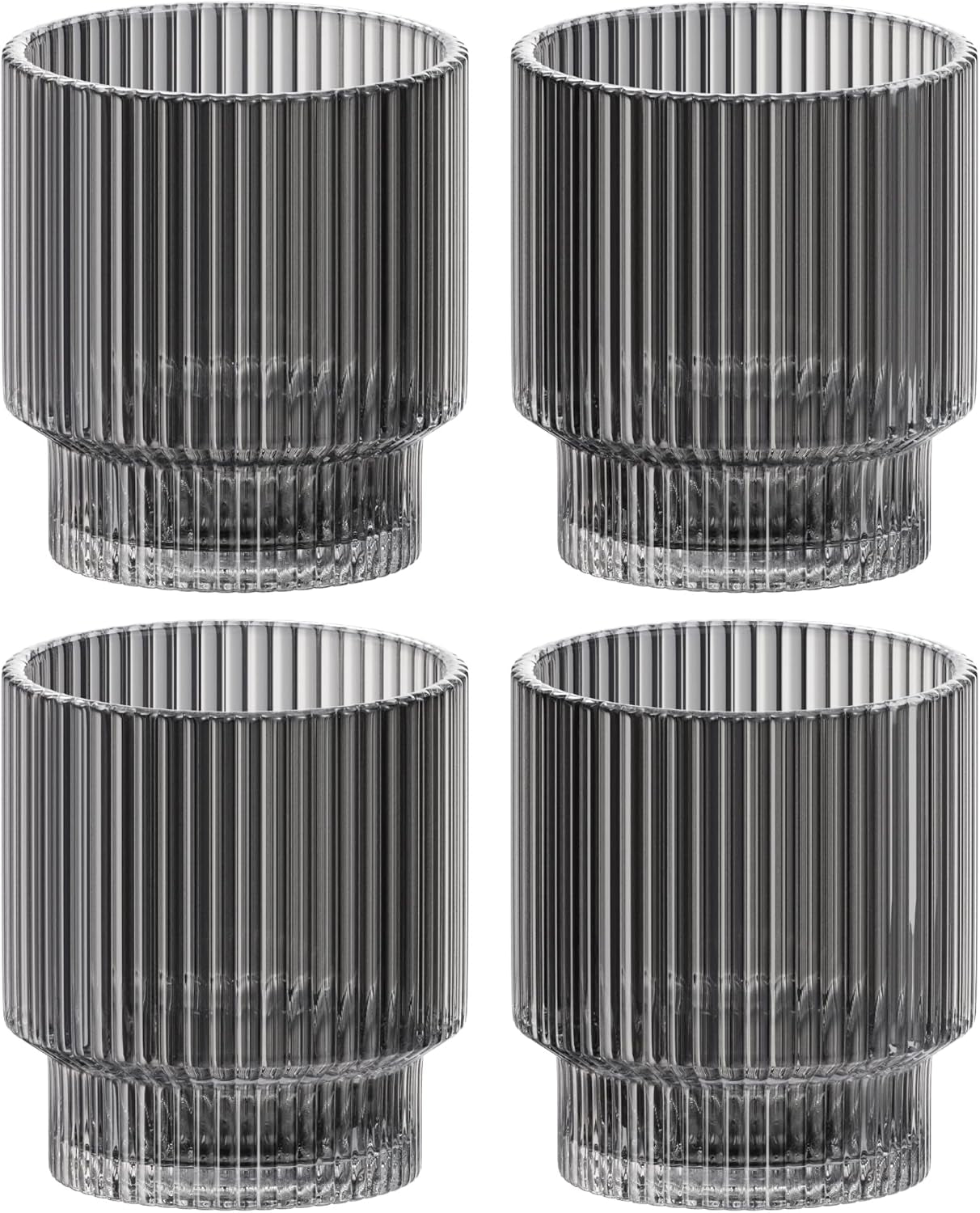 Vintage Art Deco Fluted Drinking Glasses, Set of 4 Modern Kitchen Glassware Set | Old Fashion Tumbler for Cocktails and Water | Ribbed Lowball Glass Cup for Whiskey (Smoke Grey)