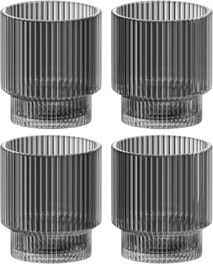 Vintage Art Deco Fluted Drinking Glasses, Set of 4 Modern Kitchen Glassware Set | Old Fashion Tumbler for Cocktails and Water | Ribbed Lowball Glass Cup for Whiskey (Smoke Grey)