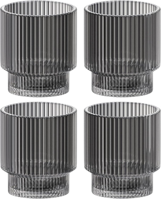 Vintage Art Deco Fluted Drinking Glasses, Set of 4 Modern Kitchen Glassware Set | Old Fashion Tumbler for Cocktails and Water | Ribbed Lowball Glass Cup for Whiskey (Smoke Grey)