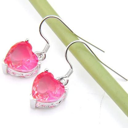 Heart Cut Shine Dazzling Pink Fire Bi-Colored Tourmaline Gemstone Silver Dangle Earrings Pendant Necklaces Jewelry Sets for Women Wedding Holiday Friends