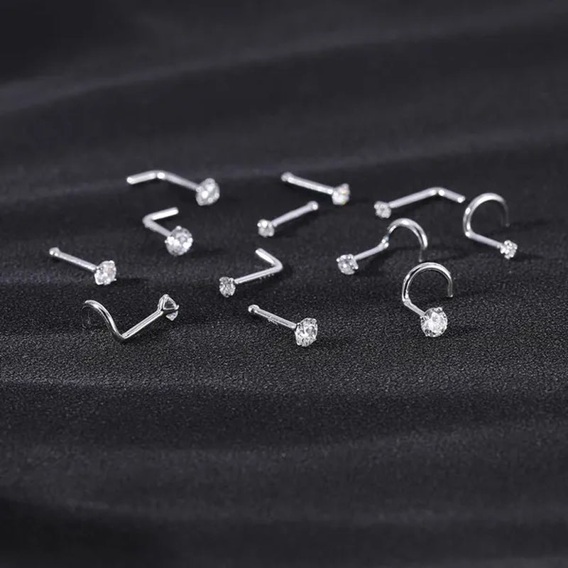 8Pcs 20G/18G 925 Sterling Silver Nose Stud Set Cubic Zircon Nose Piercing L Shaped/Nose Bone/Nose Screws Rings Nostril Piercing Jewelry