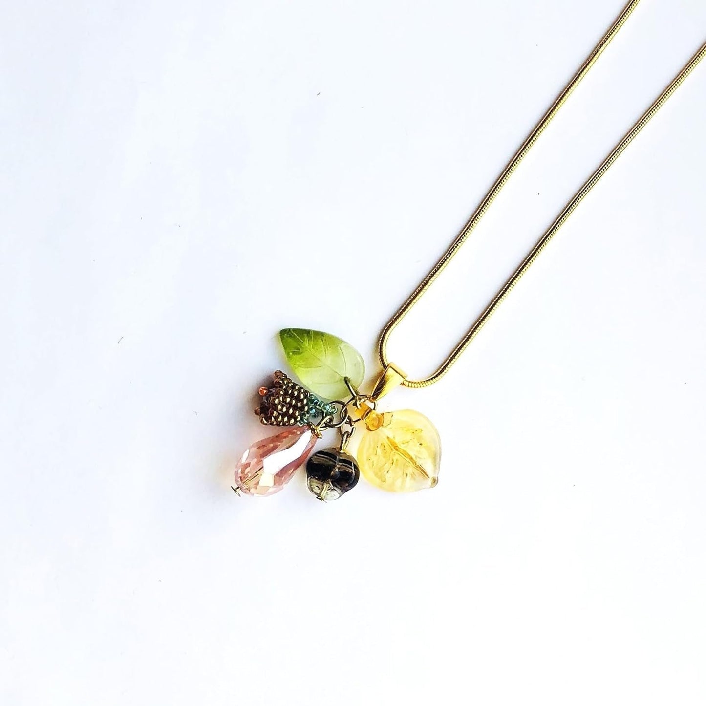Beadwoven Lily Flower Cluster, Ombre Glass Leaf, Beige Pink Floral Crystal Briolette Pendant, Gold Filled Long Snake Chain