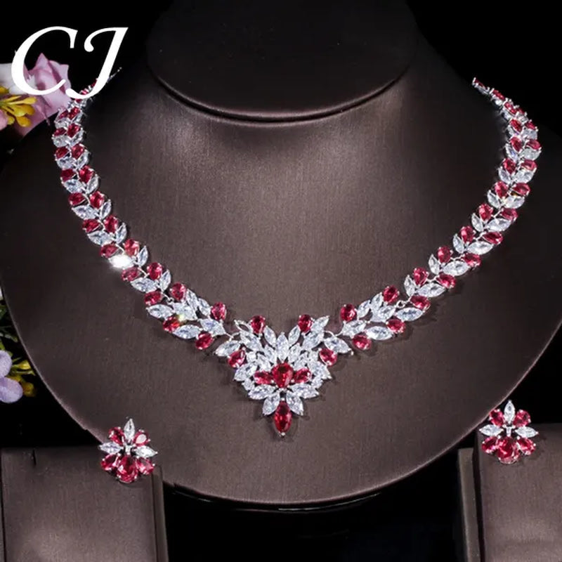 CANDICE White Gold Plated Marquise Red Zirconia Stone Necklace Earrings Sets for Wedding Luxury Party CZ Jewelry Set - WORLD TIME VISITS