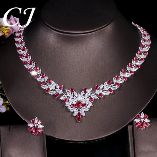 CANDICE White Gold Plated Marquise Red Zirconia Stone Necklace Earrings Sets for Wedding Luxury Party CZ Jewelry Set - WORLD TIME VISITS