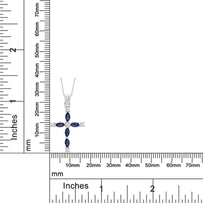 Marquise Cut Simulated Blue Sapphire White Diamond Cross Pendant Necklace in 10K Solid Gold