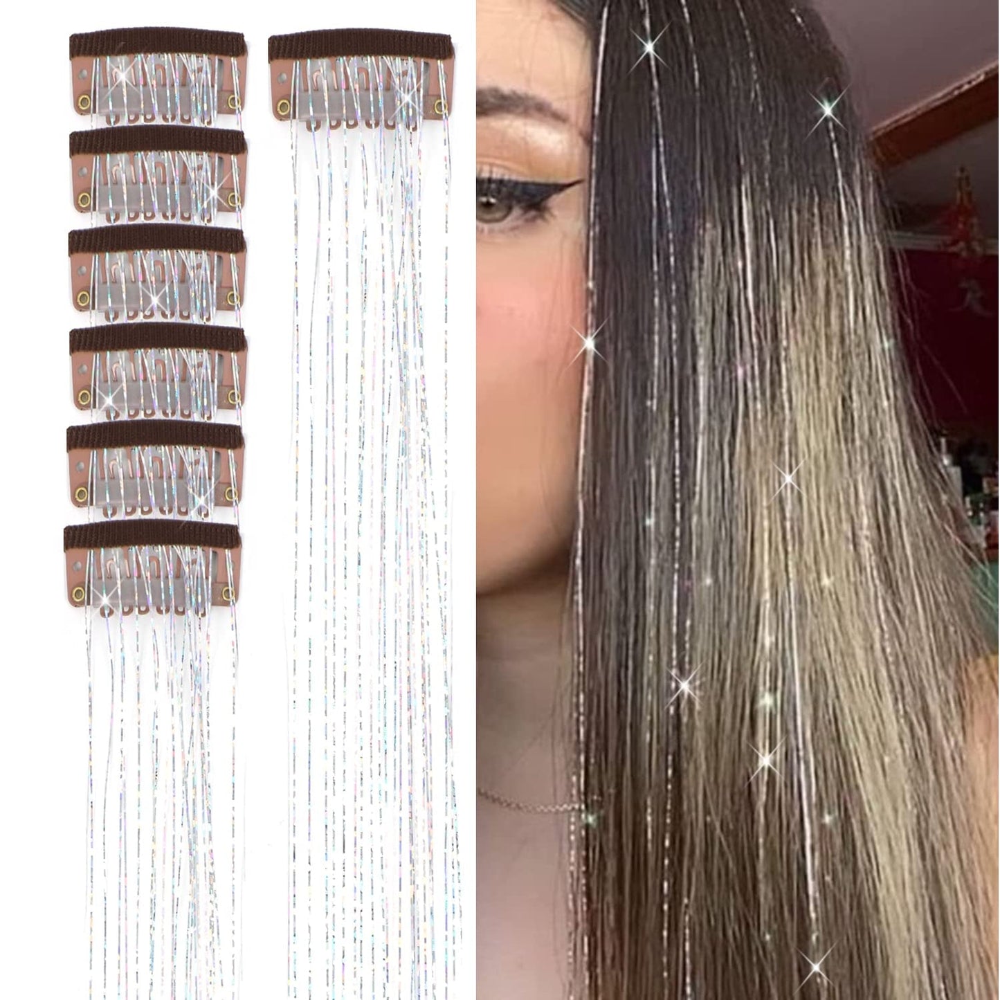 23.6Inch Clip in Hair Tinsel Kit, Silver Hair Tinsel Heat Resistant Fairy Hair Tinsel Clip in Glitter Hair Extensions, Tinsel Hair Sparkles Festival Hair Accessories for Women Girls (Silver)