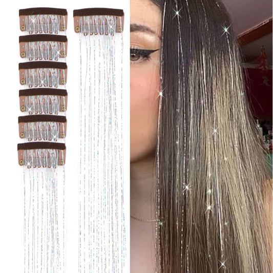 23.6Inch Clip in Hair Tinsel Kit, Silver Hair Tinsel Heat Resistant Fairy Hair Tinsel Clip in Glitter Hair Extensions, Tinsel Hair Sparkles Festival Hair Accessories for Women Girls (Silver)