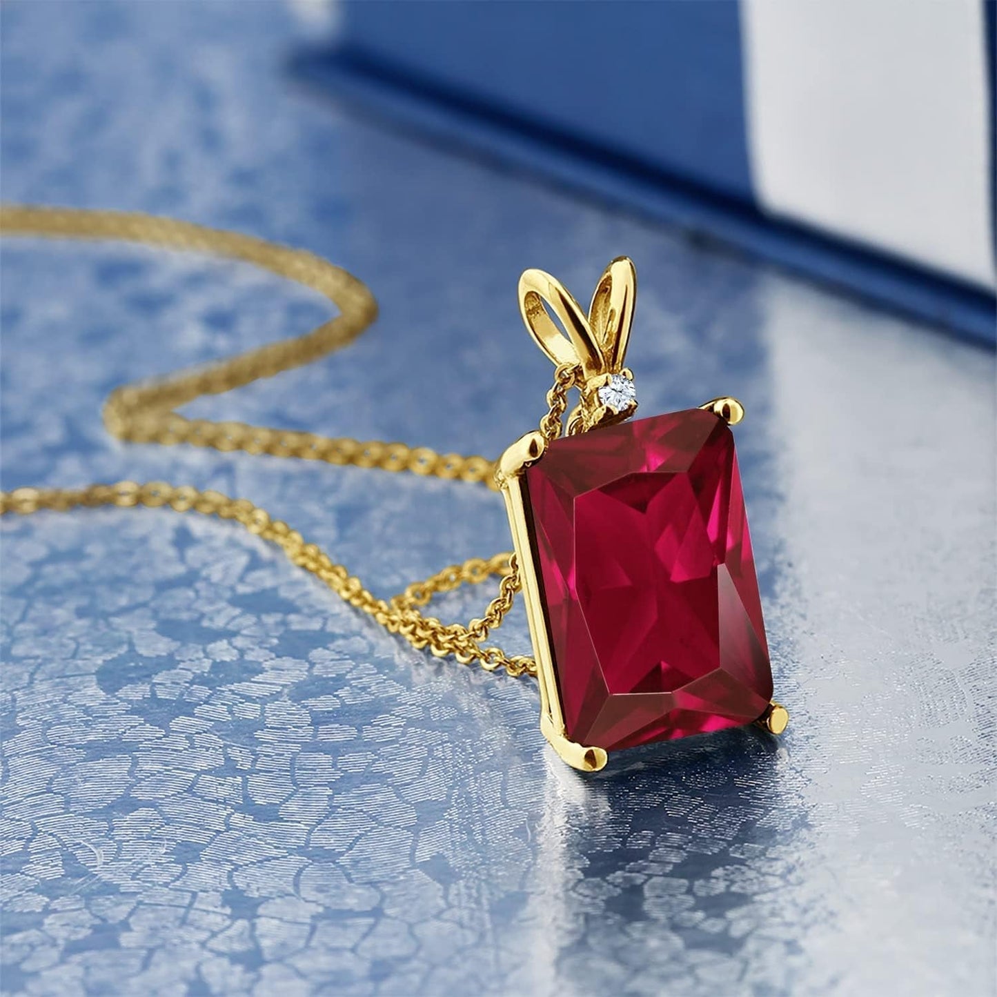 18K Yellow Gold Plated Silver Red Created Ruby Pendant Necklace for Women (5.02 Cttw, Gemstone July Birthstone, Emerald Cut 14X10MM, with 18 Inch Silver Chain) - WORLD TIME VISITS