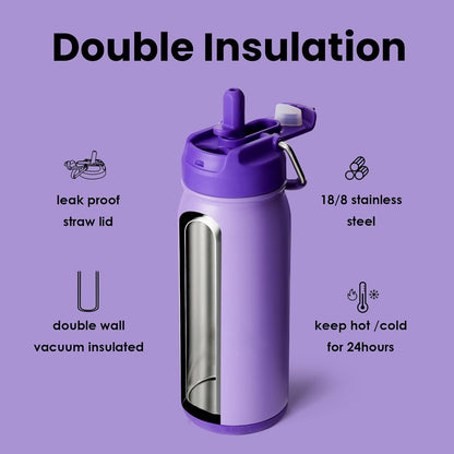 16 Oz Sports Water Bottle Stainless Steel Insulated Kids Water Bottle with Straw and Pills Holder for Gifts and School (Purple)