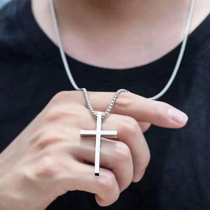 Cross Necklace for Men, Silver Cross Stainless Steel Pendant Necklace, Mens Cross Chain
