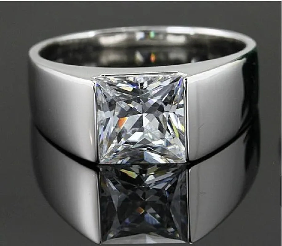 Men'S Eternity 925 Silver Square Diamond Simulated CZ Stone Solitaire Ring