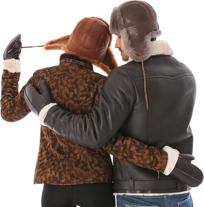 Leather Aviator Shearling Ushanka Trapper Hat Russian Sheepskin Cap Real Fur Winter Hat with Ear Flaps for Men Women