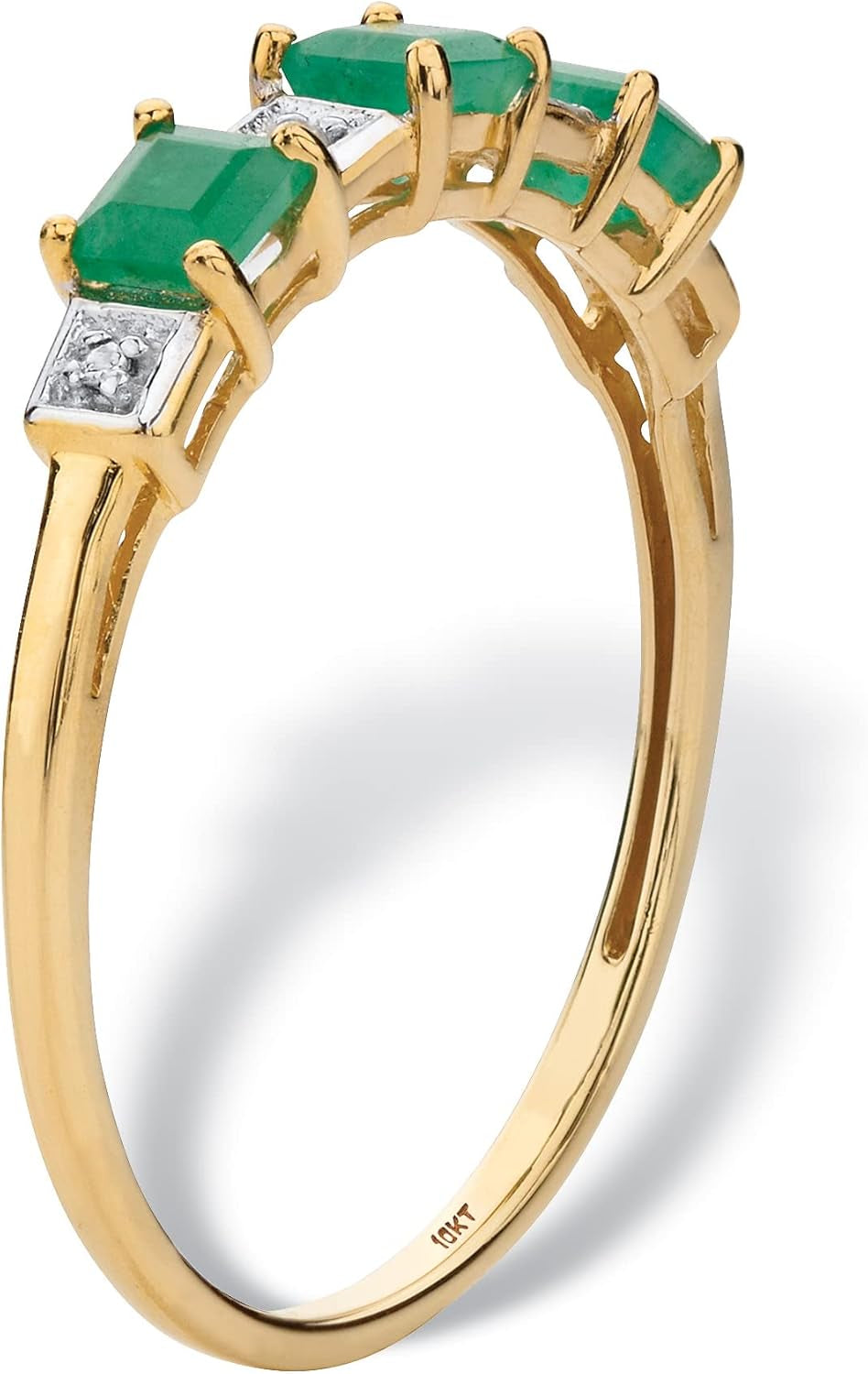 10K Yellow Gold Princess Cut Genuine Green Emerald and Diamond Accent Ring