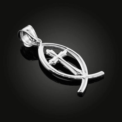 925 Sterling Silver Jesus Cross Charm Ichthus Christian Fish Pendant Necklace
