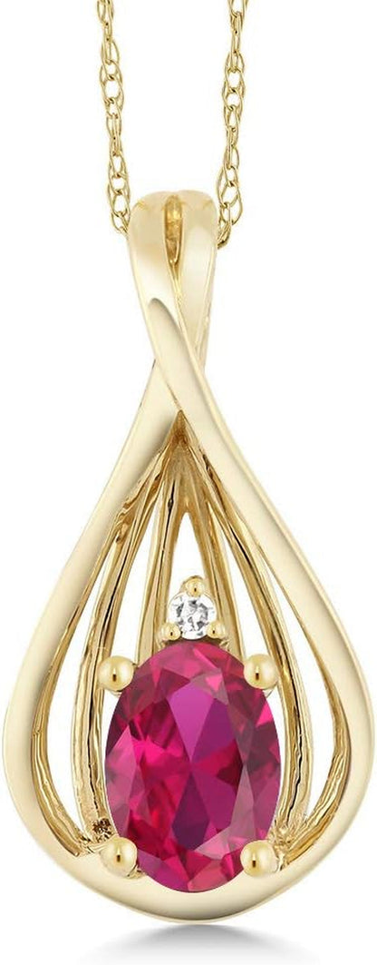 10K Yellow Gold Red Created Ruby and White Diamond Teardrop Pendant Necklace for Women (0.50 Cttw, Gemstone July Birthstone, Oval 6X4MM, with 18 Inch Chain) - WORLD TIME VISITS