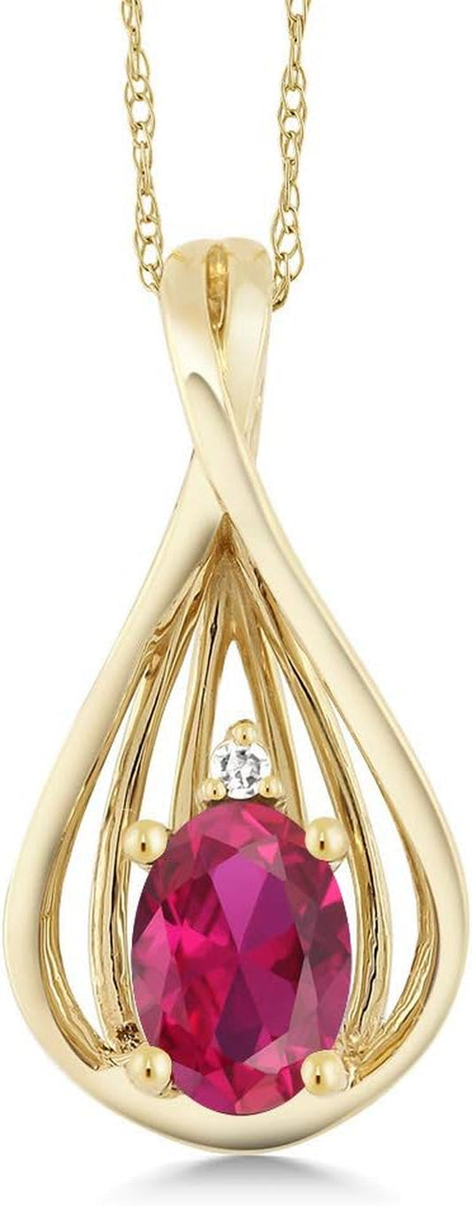 10K Yellow Gold Red Created Ruby and White Diamond Teardrop Pendant Necklace for Women (0.50 Cttw, Gemstone July Birthstone, Oval 6X4MM, with 18 Inch Chain) - WORLD TIME VISITS