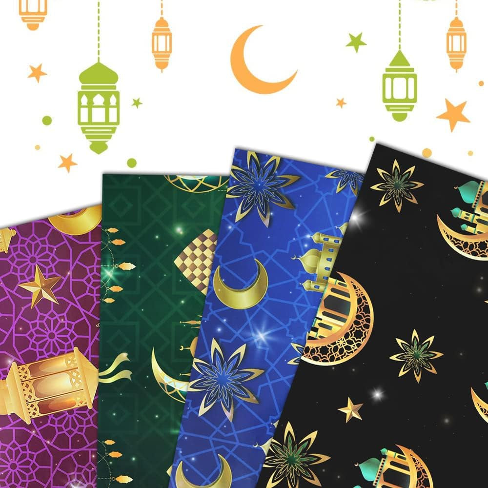 8 Pieces Eid Gift Wrapping Paper Ramadan Wrapping Paper, Moon Mosque Eid Mubarak Gift Wra in 4 Designs for Islam Kids Women Men Holiday Birthday Baby Shower Celebration Party Gift Wrap DIY Craft