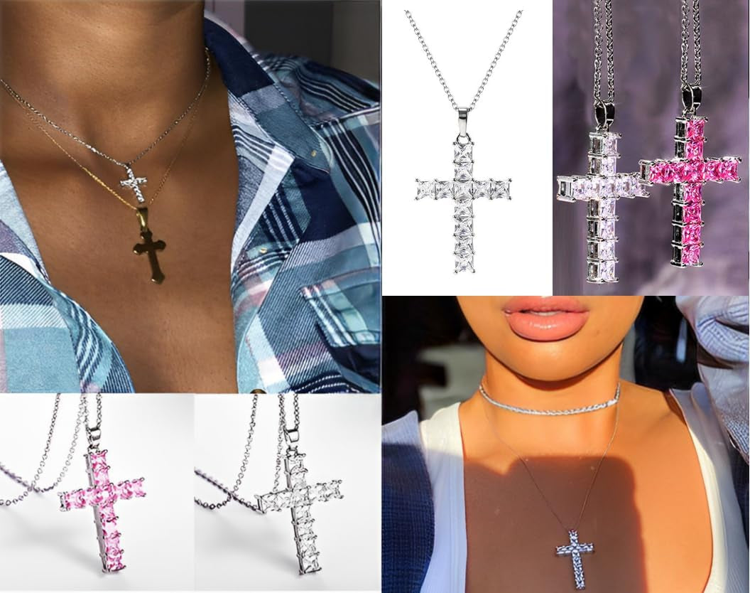 Cross Necklace Silvery Cubic Zirconia Cross Pendant Necklace Gifts for Women/Men