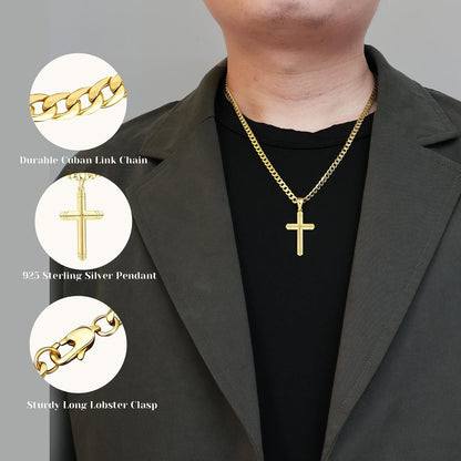 925 Sterling Silver Cross Necklace for Men, 18K Gold over Real Silver Cross Pendant Necklace with 4.5MM Durable Stainless Steel Cuban Link Curb Chain Shiny Cross Necklaces 16-28 Inches - WORLD TIME VISITS