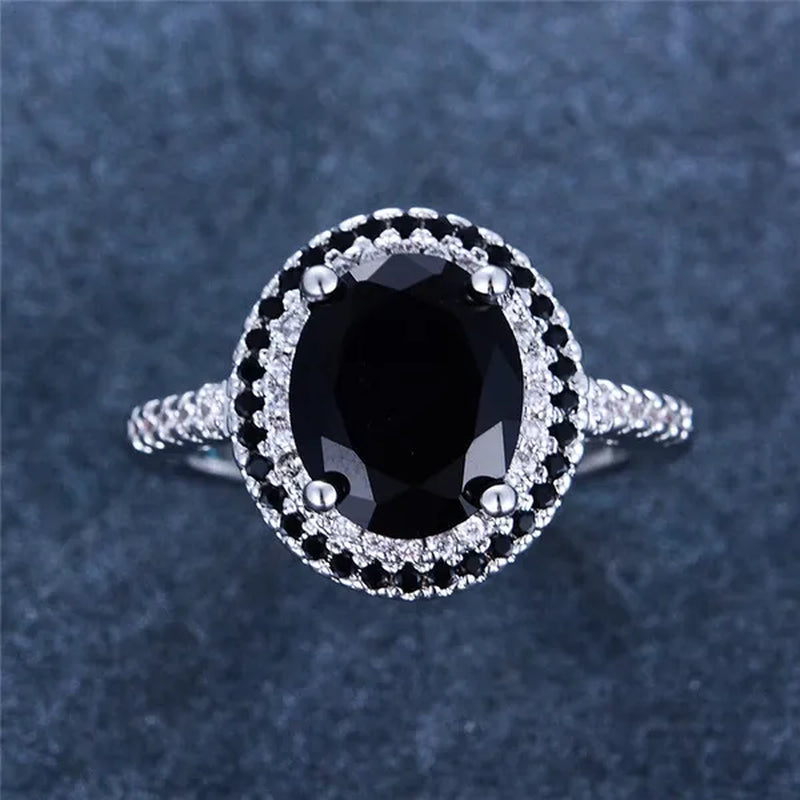 Luxury Oval Cut Black Sapphire White Diamond CZ Ring 925 Silver Solitaire Ring Engagement Wedding Gift for Women