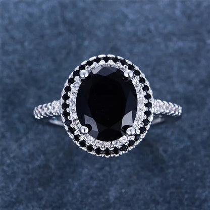 Luxury Oval Cut Black Sapphire White Diamond CZ Ring 925 Silver Solitaire Ring Engagement Wedding Gift for Women
