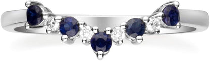 10K White Genuine Blue Sapphire Ring with Diamonds for Women | Ethically, Authentically & Organically Sourced (Round-Cut) Shaped Sapphire Hand-Crafted Jewelry for Her | Sapphire Ring for Women