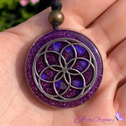 Orgone Necklace by Seed of Life - Healing Crystals - Protection - SBB Coil -Orgonite Pendant Gemstone Amethyst, Moonstone, Rose Quartz, Violet Meditation Yoga, Woman Handmade, Arte Orgones Design