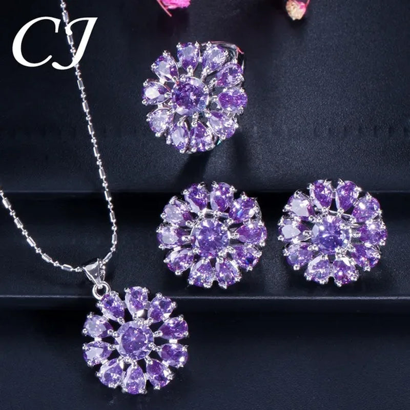 CANDICE BLUE Zirconia Stone Flower Stud Earrings Necklace Ring Fashion Sterling Silver Plated Jewelry for Christmas Party - WORLD TIME VISITS
