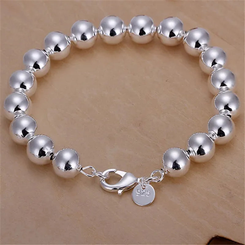 Fashion 925 Sterling Silver 8Mm Hollow Smooth round Beads Necklace Bracelets Set for Women Wedding Engagement Party Jewelry