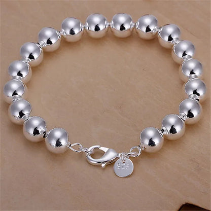 Fashion 925 Sterling Silver 8Mm Hollow Smooth round Beads Necklace Bracelets Set for Women Wedding Engagement Party Jewelry