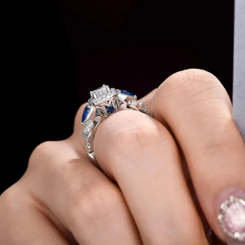 Newshe Wedding Ring Sets For Women Princess Pear Blue Sapphire Engagement Rings Bridal Jewelry 925 Sterling Silver Sz 5-12