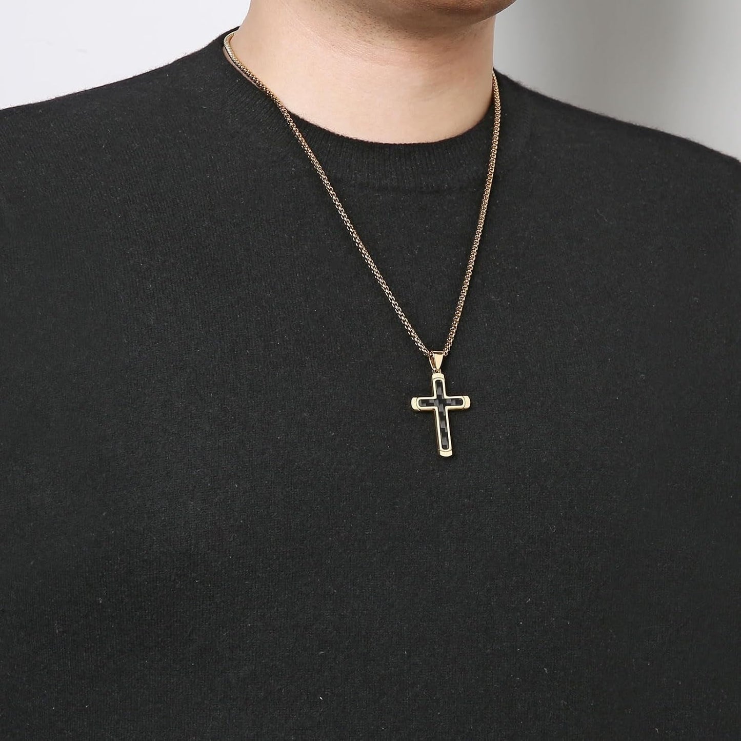 Inlaid Carbon Fiber Cross Pendant for Men High Polished Stainless Steel Cross Pendant Christian Faith Jewelry Gift